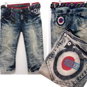 Y2K‎ Vintage Cropped Jeans Sz 29 Tye Dye Embroidered ARTSY Color Goth Punk Rock